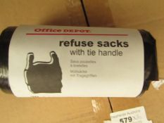 10x Packs of 50 20L refuse sacks with tie handle, new and packaged.