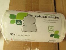 10x Packs of 50 20L refuse sacks with tie handle, new and packaged.