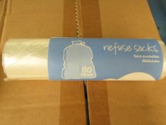 12x Packs of 20 60L refuse sacks, new and packaged.