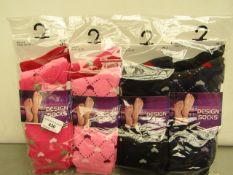 12x Pairs of design socks, size 4-7, new and packaged.