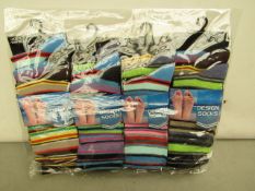 12x Pairs of design socks, size 6-11, new and packaged.