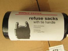 10x Packs of 50 20L refuse sacks with tie handle, new and packaged.