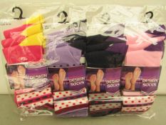 12x Pairs of design socks, size 4-7, new and packaged.