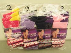 12x Pairs of design socks, size 4-7, new and packaged.