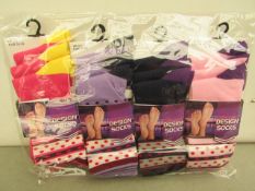 12x Pairs of design socks, size 4-7, new and packaged.