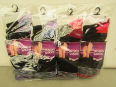 12x Pairs of design socks, size 4-7, new and packaged.