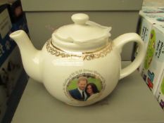 White teapot with Prince Harry and Meghan Markle printed picture, new and boxed.