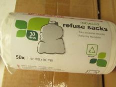 10x Packs of 50 20L refuse sacks with tie handle, new and packaged.