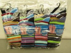 12x Pairs of design socks, size 6-11, new and packaged.