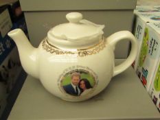 White teapot with Prince Harry and Meghan Markle printed picture, new and boxed.