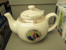 White teapot with Prince Harry and Meghan Markle printed picture, new and boxed.