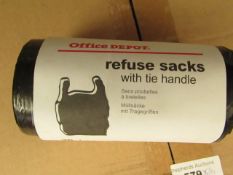 10x Packs of 50 20L refuse sacks with tie handle, new and packaged.