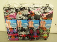 12x Pairs of design socks, size 6-11, new and packaged.