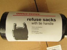 10x Packs of 50 20L refuse sacks with tie handle, new and packaged.