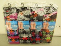 12x Pairs of design socks, size 6-11, new and packaged.