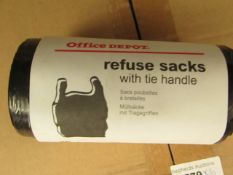 10x Packs of 50 20L refuse sacks with tie handle, new and packaged.