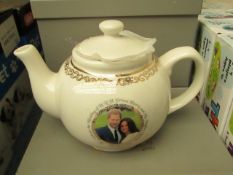 White teapot with Prince Harry and Meghan Markle printed picture, new and boxed.