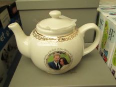 White teapot with Prince Harry and Meghan Markle printed picture, new and boxed.