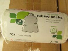 10x Packs of 50 20L refuse sacks with tie handle, new and packaged.