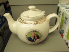 White teapot with Prince Harry and Meghan Markle printed picture, new and boxed.