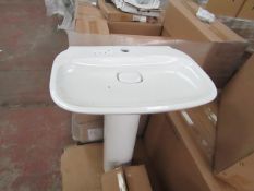 Laufen 600mm 1TH basin with ceramic cover and universal full pedestal, new and boxed.