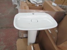 Laufen 600mm 1TH basin with ceramic cover and universal full pedestal, new and boxed.