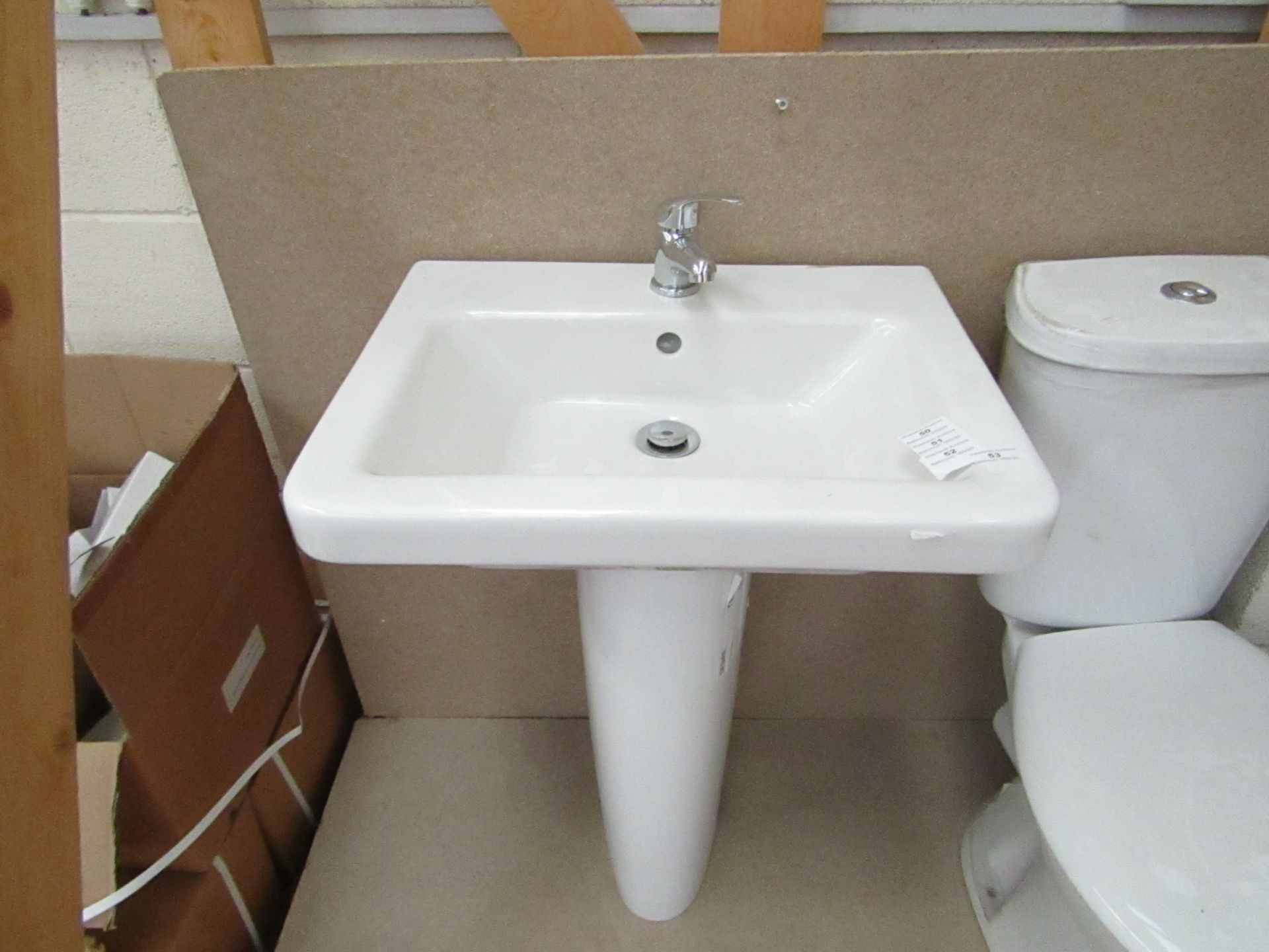 Verso Cloakroom basin set that includes a 550mm sink with full pedestal and a Mono Block Sink tap