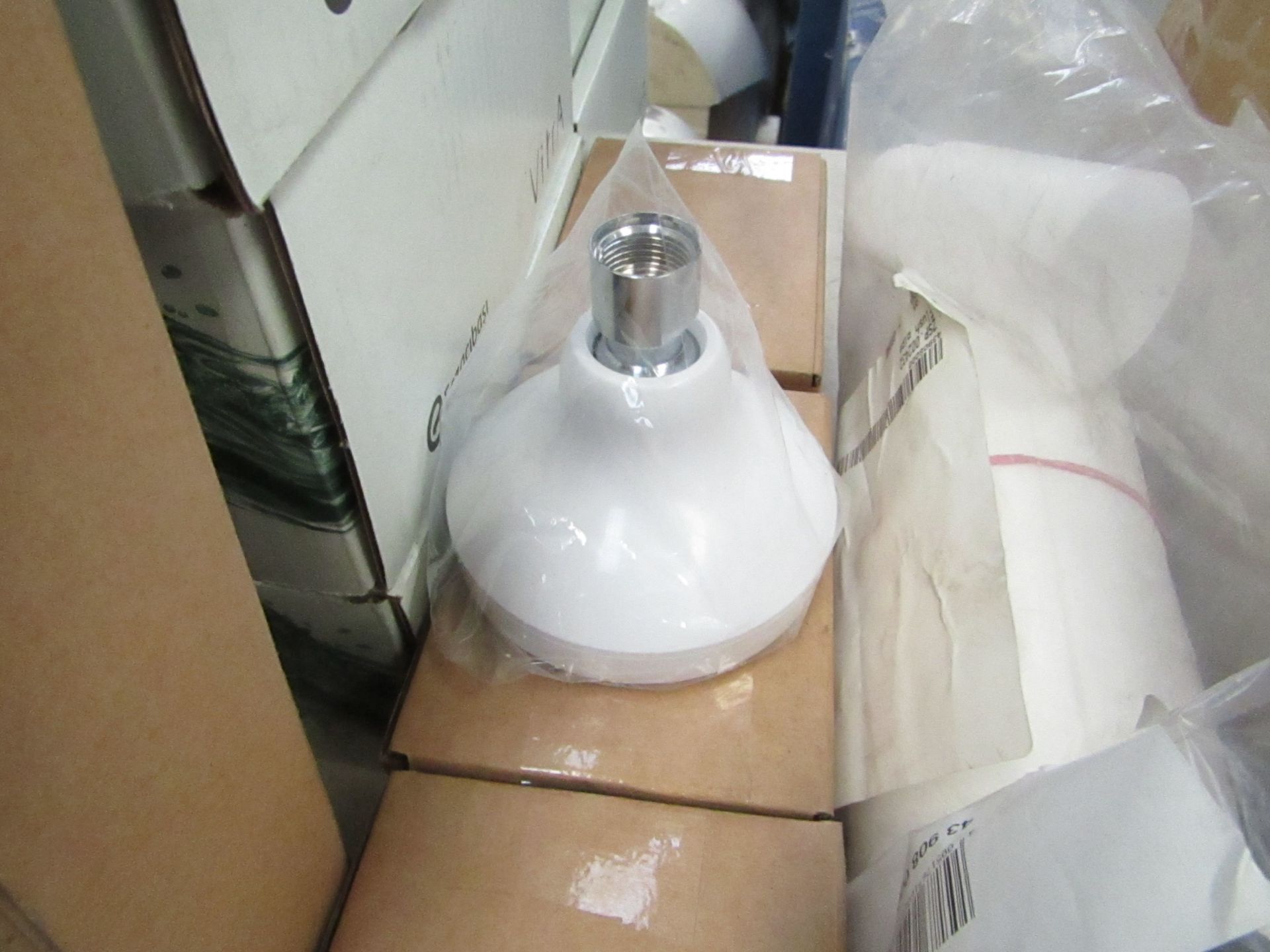 White plastic shower head shell, new and boxed.