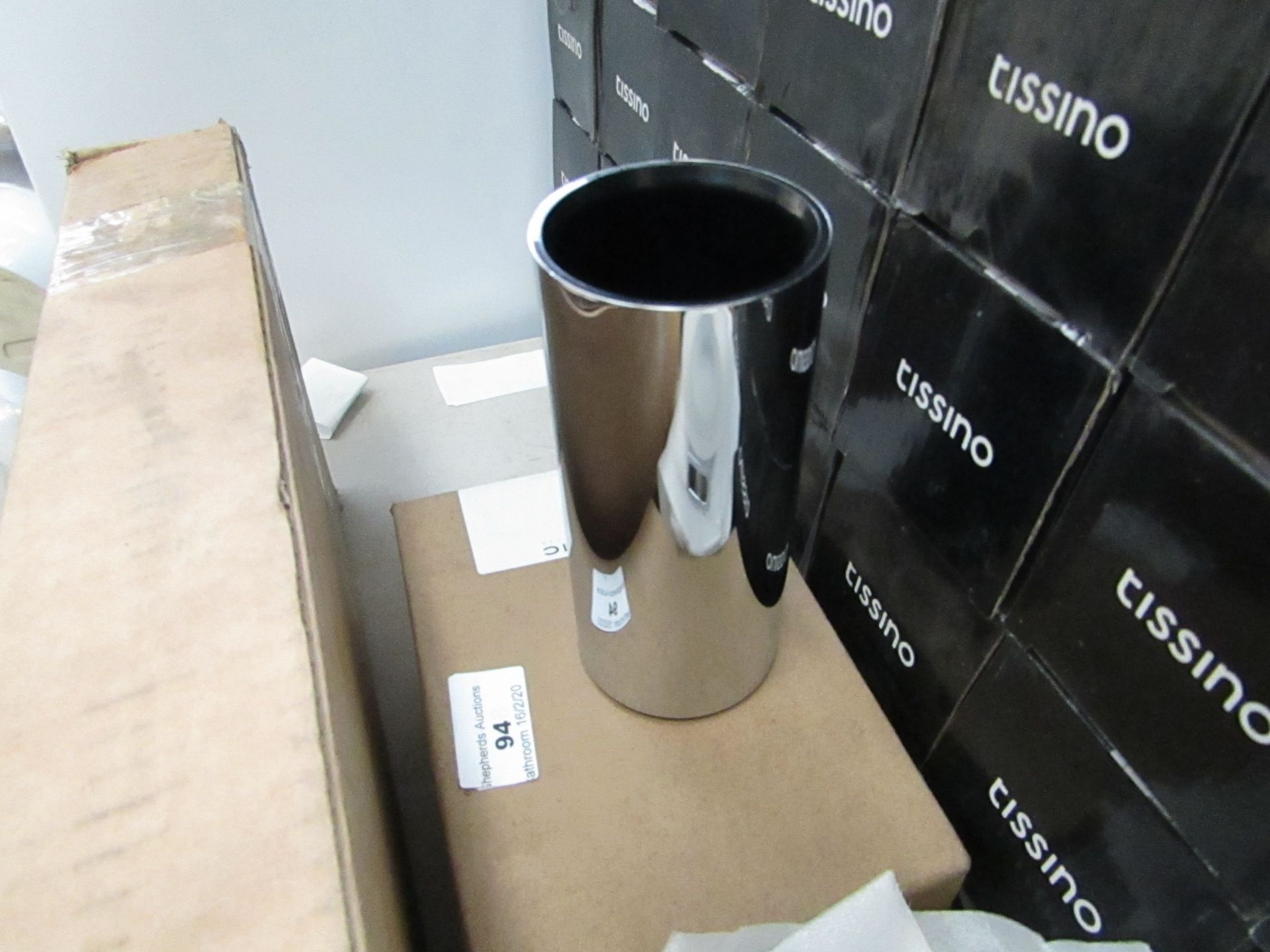 Cosmic stainless steel brush holder, new and boxed.