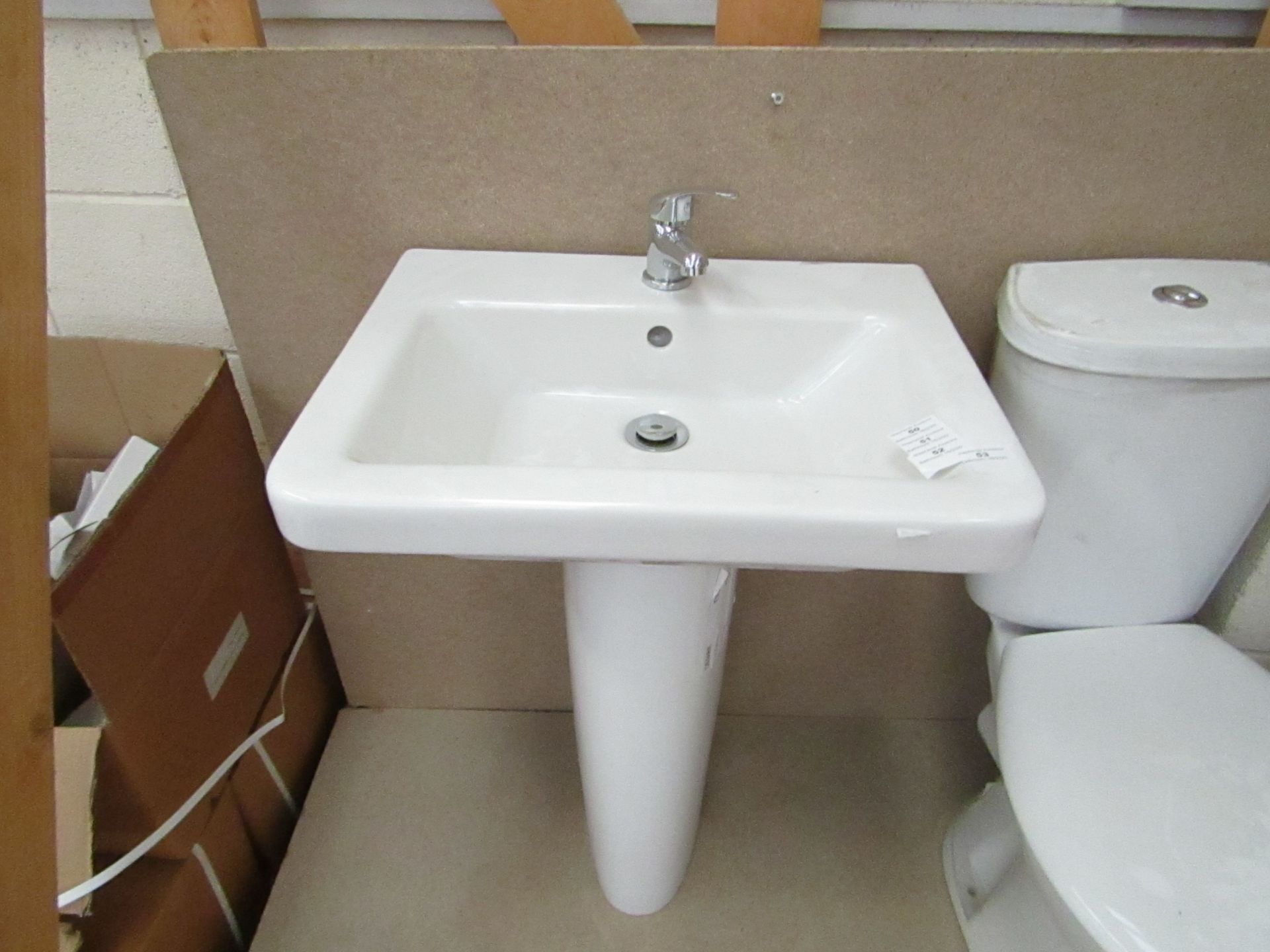 Verso Cloakroom basin set that includes a 550mm sink with full pedestal and a Mono Block Sink tap