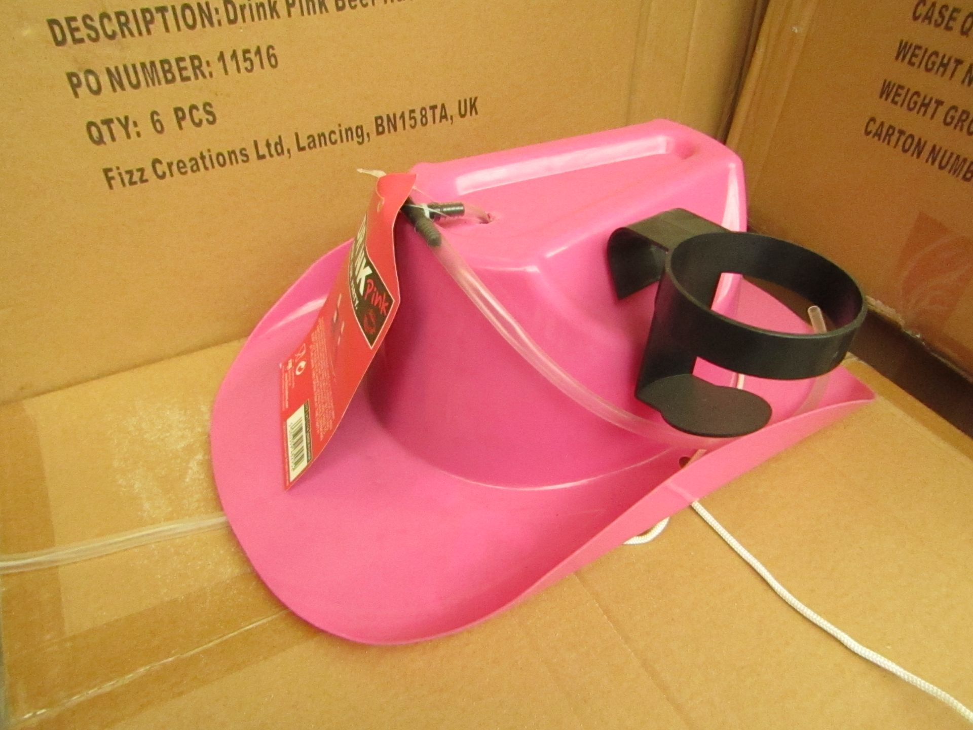 12 x Pink party Hats with Drinks Holders & Straws. Perfect for Hen Parties. New & Boxed