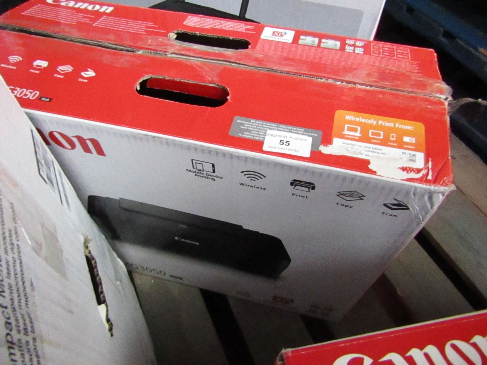 Canon Pixma MG 3050 printer, untested and boxed.