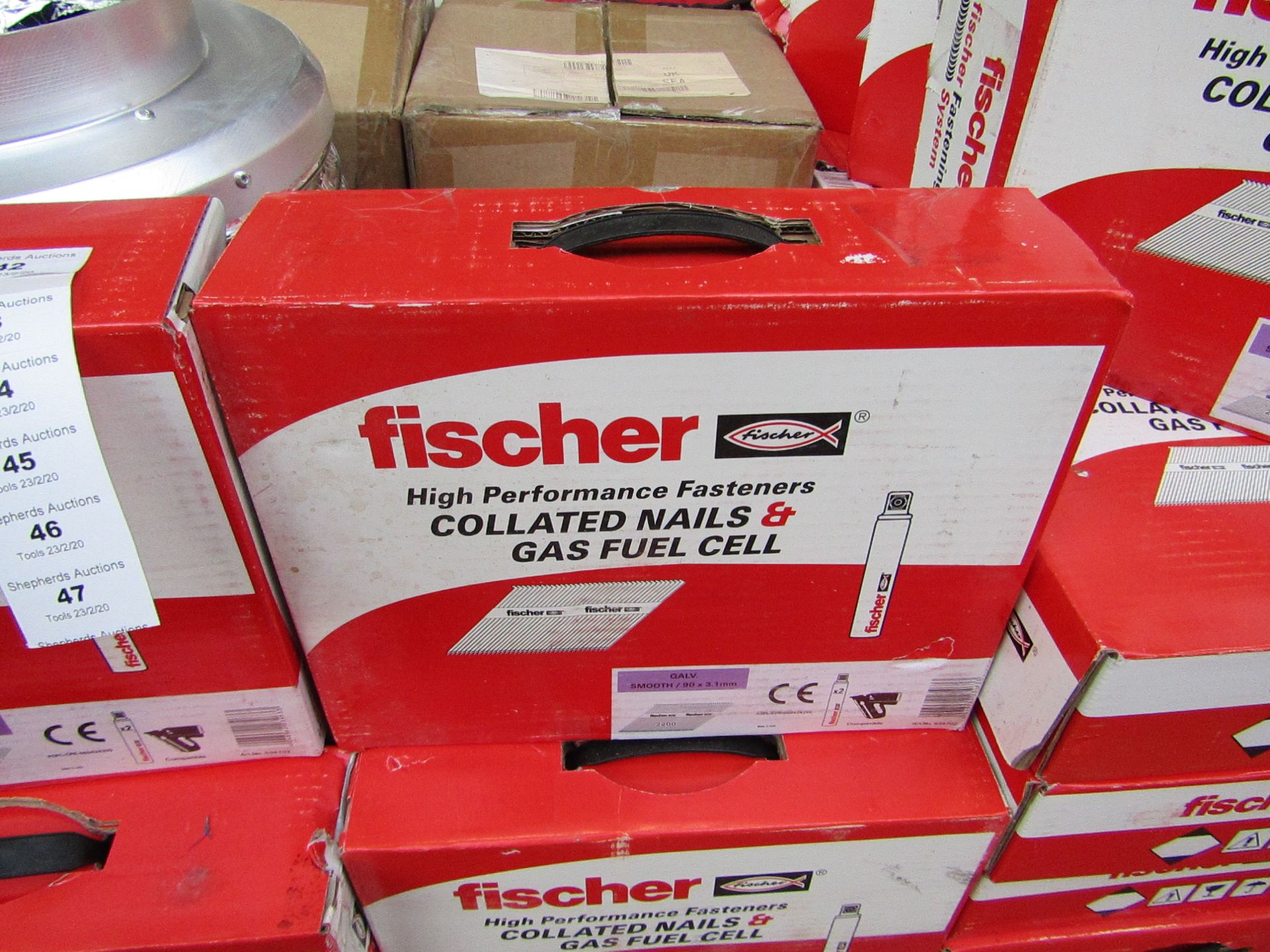 Box of 2x Fischer collated nails and gas fuel cells, new and boxed.