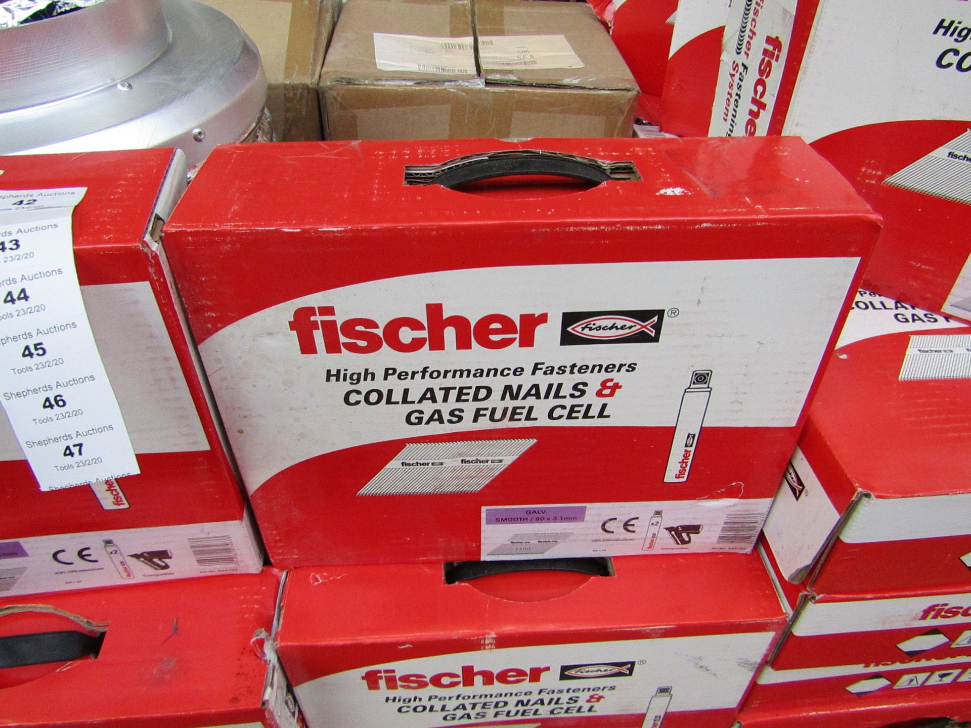 Box of 2x Fischer collated nails and gas fuel cells, new and boxed.