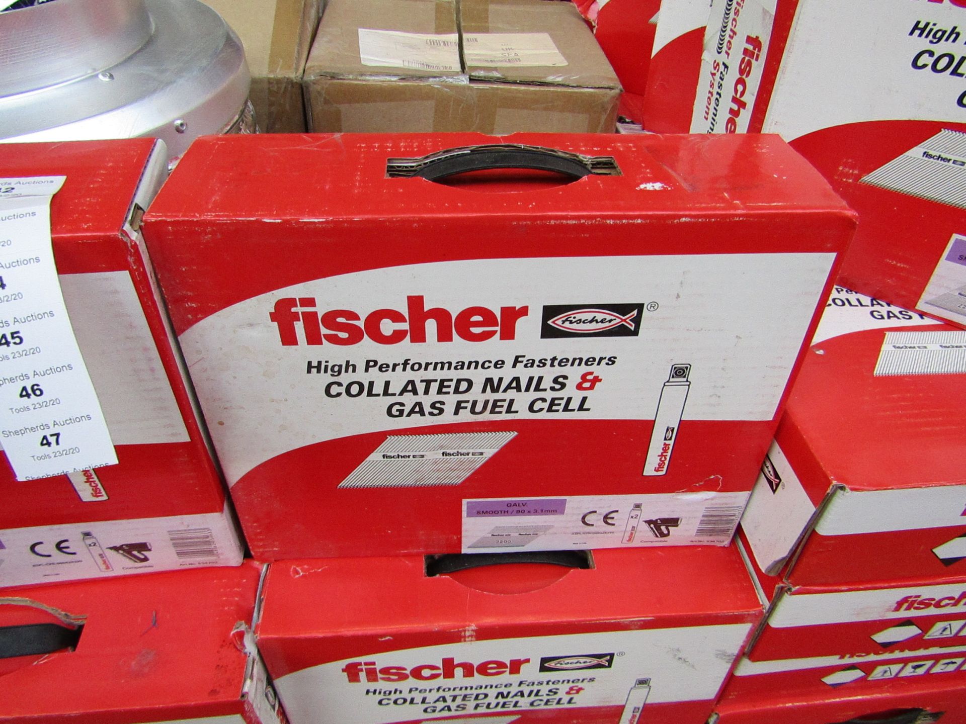 Box of 2x Fischer collated nails and gas fuel cells, new and boxed.