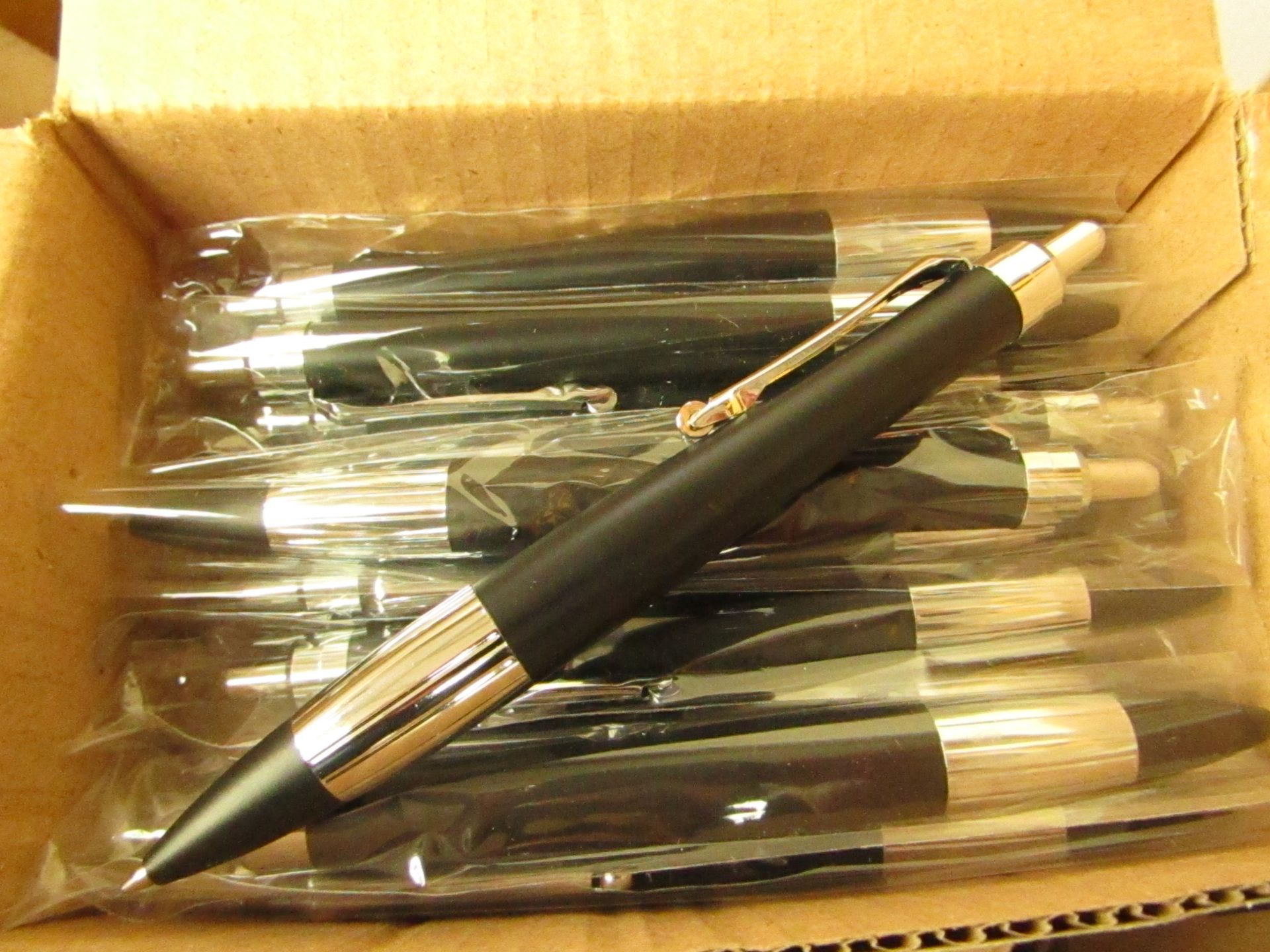 Box of 50 Black Ink Pens. Boxed. See Image For Design