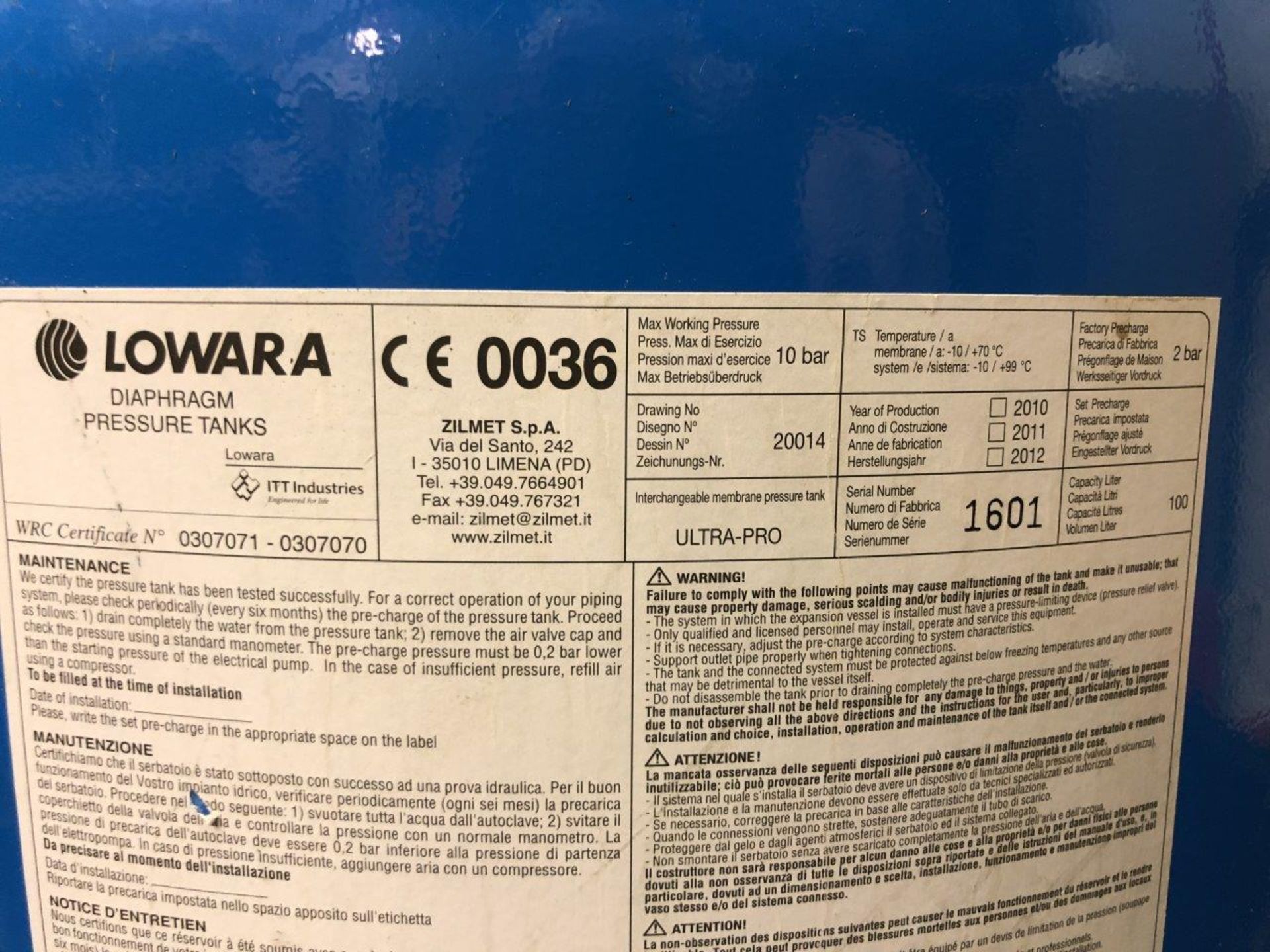 Lowara Vertical 10bar Pressure Vessel 100 litre capacity