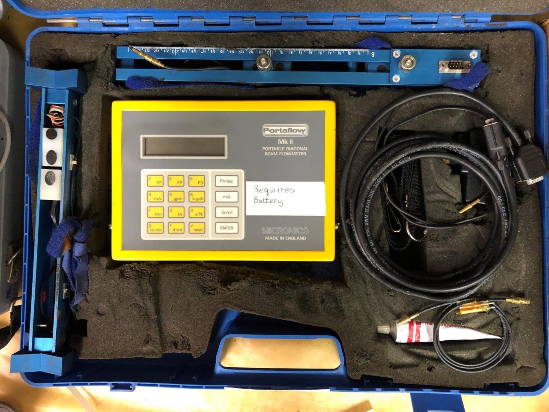 Portaflow Mk II Portable Diagonal Beam Flowmeter by Micronics Ltd with 2 sizes of transducer. "