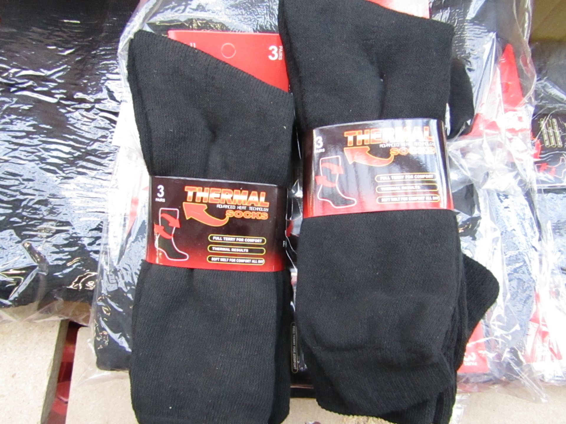 12x Pairs of thermal socks, size 6-11, new and packaged. Each RRP £9.99 totalling this lot at £119.