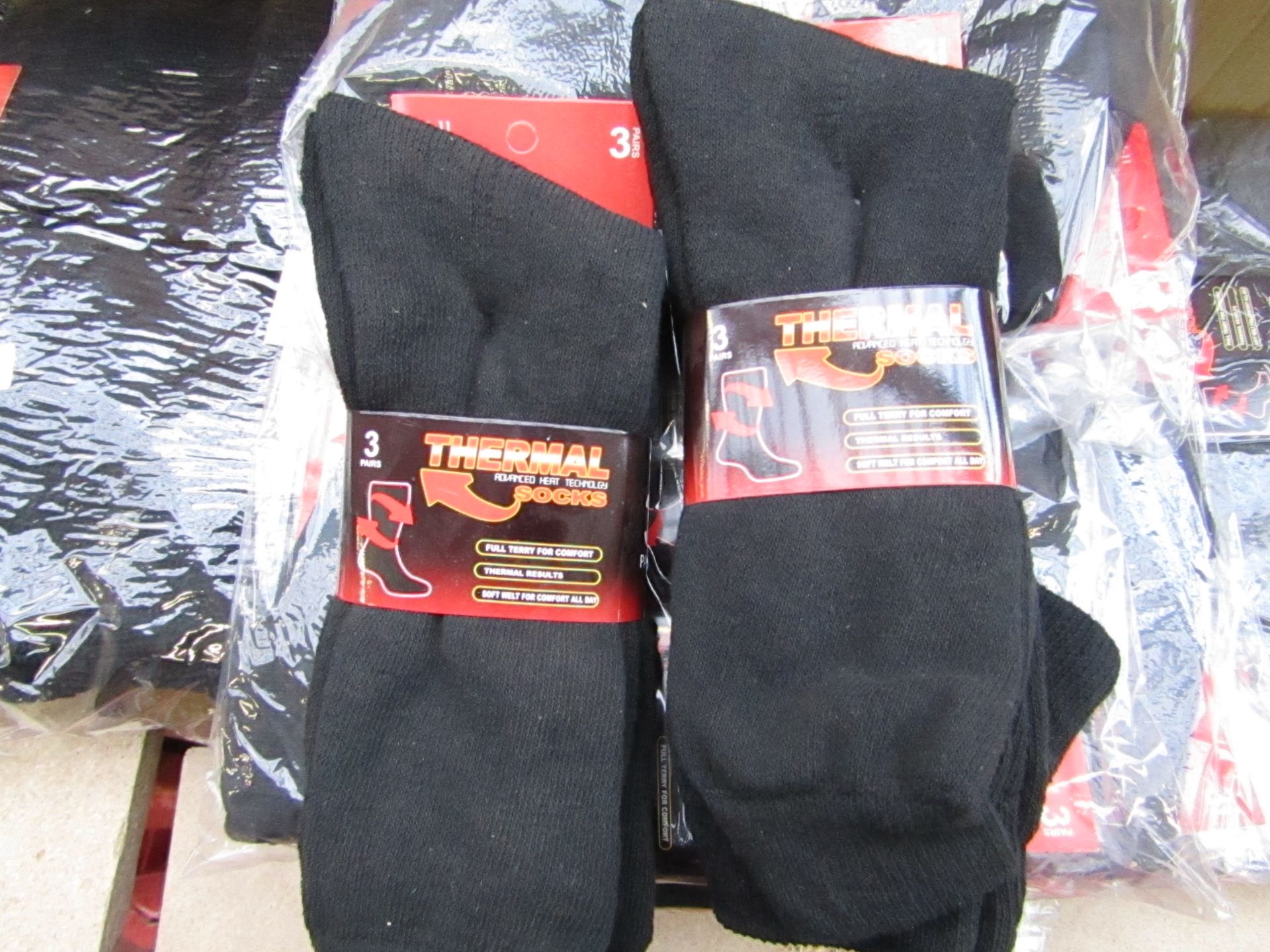 12x Pairs of thermal socks, size 6-11, new and packaged. Each RRP £9.99 totalling this lot at £119.