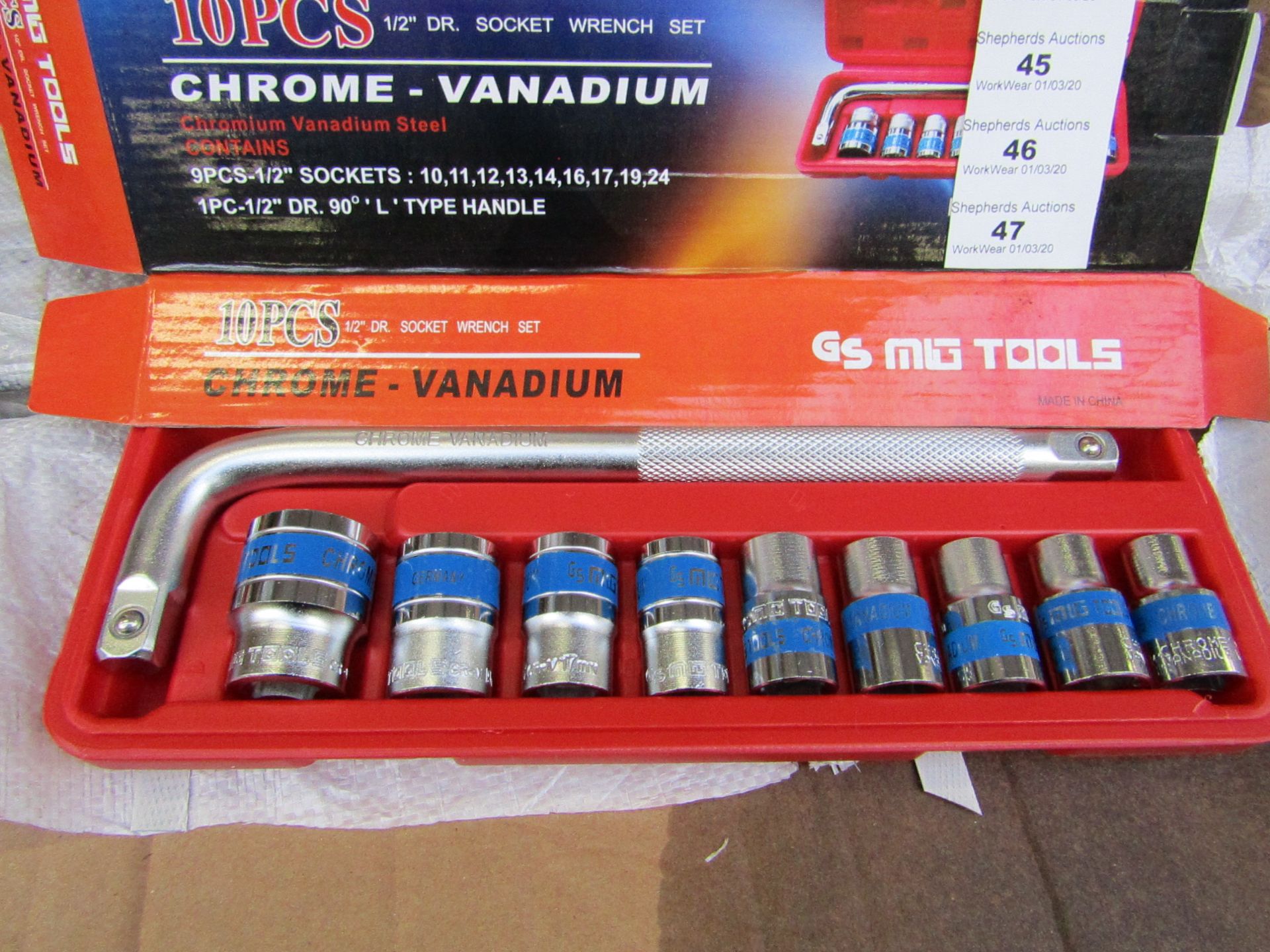 10 Piece MLG Tools socket set with ratchet handle, new and boxed