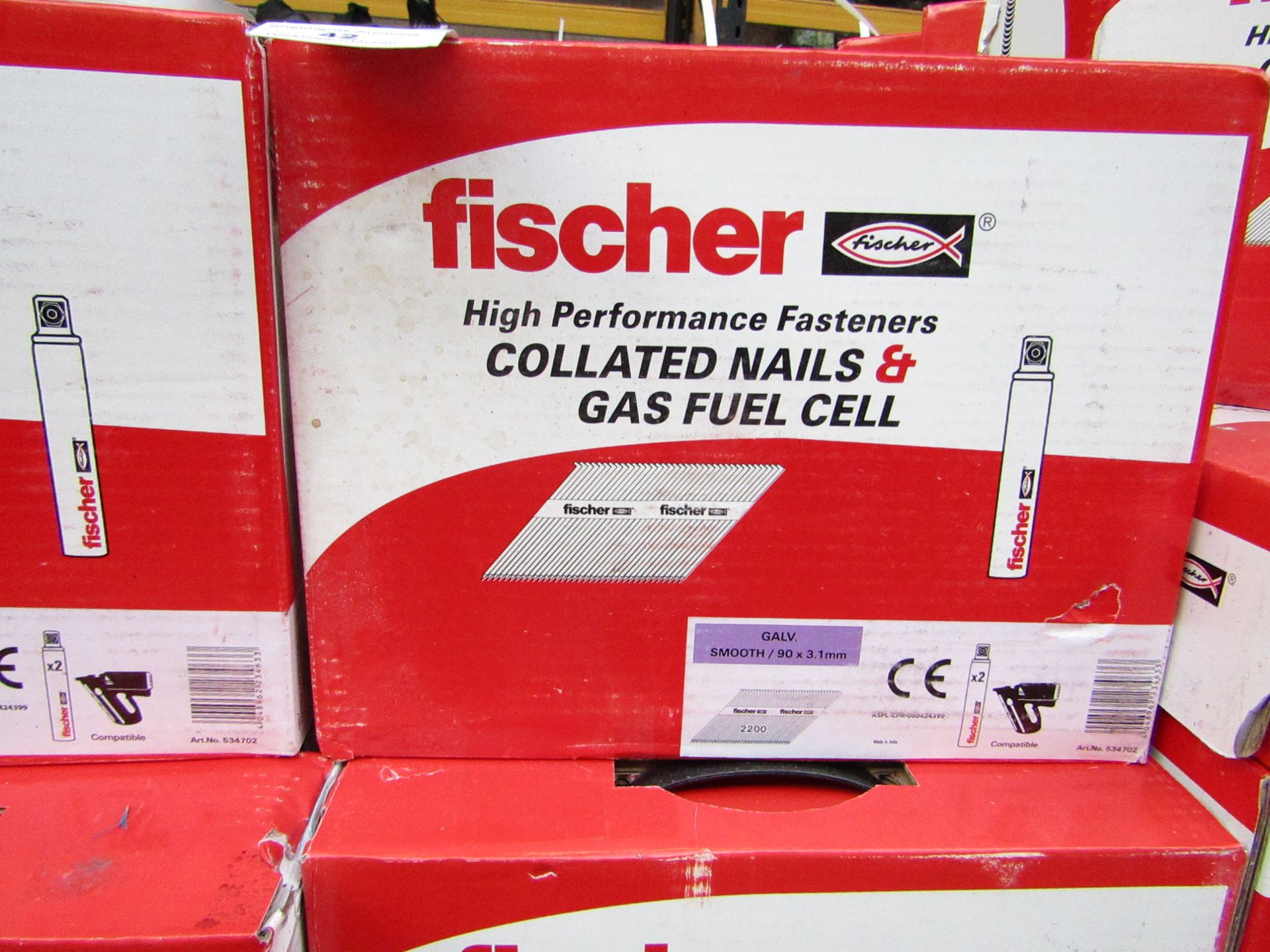Box of 2x Fischer collated nails and gas fuel cells, new and boxed.