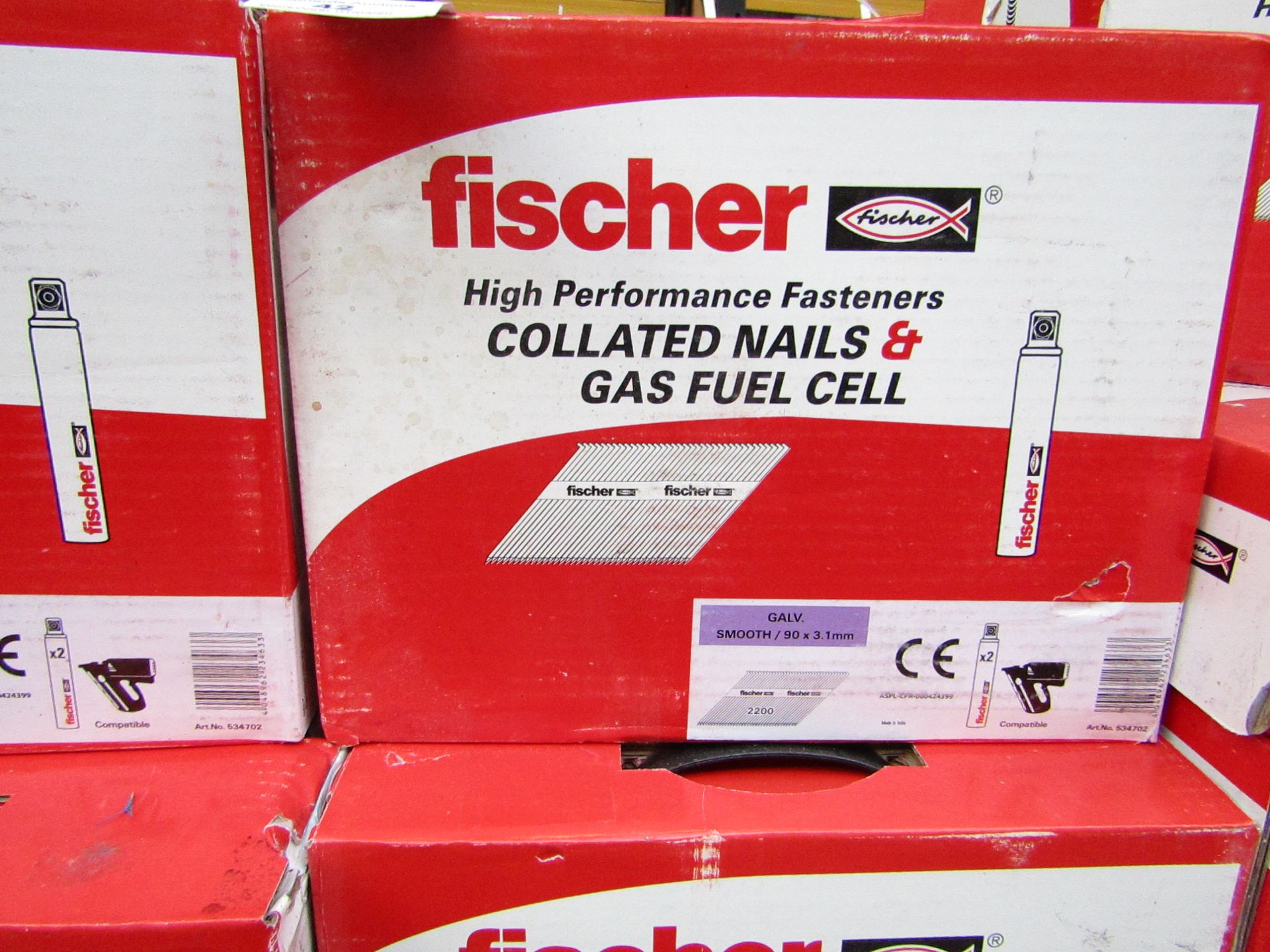 Box of 2x Fischer collated nails and gas fuel cells, new and boxed.