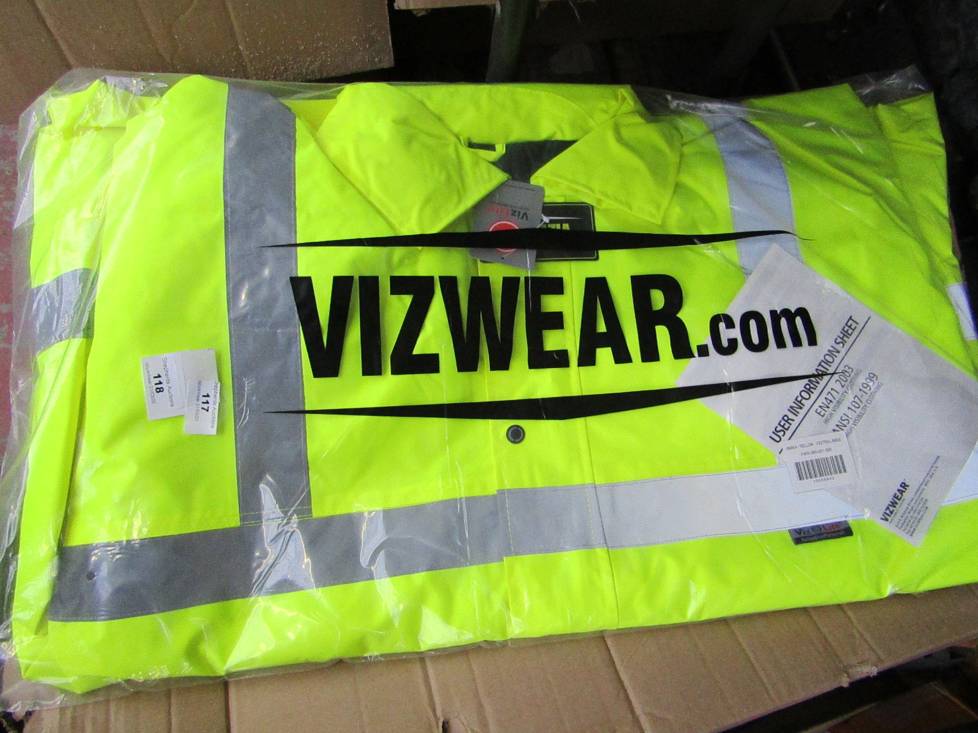 Vizwear yellow parka, size 3XL, new and packaged.