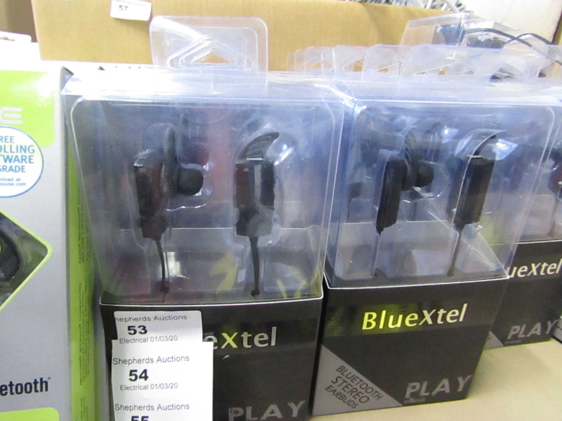 5x BlueXtel Bluetooth earphones, all new and packaged.