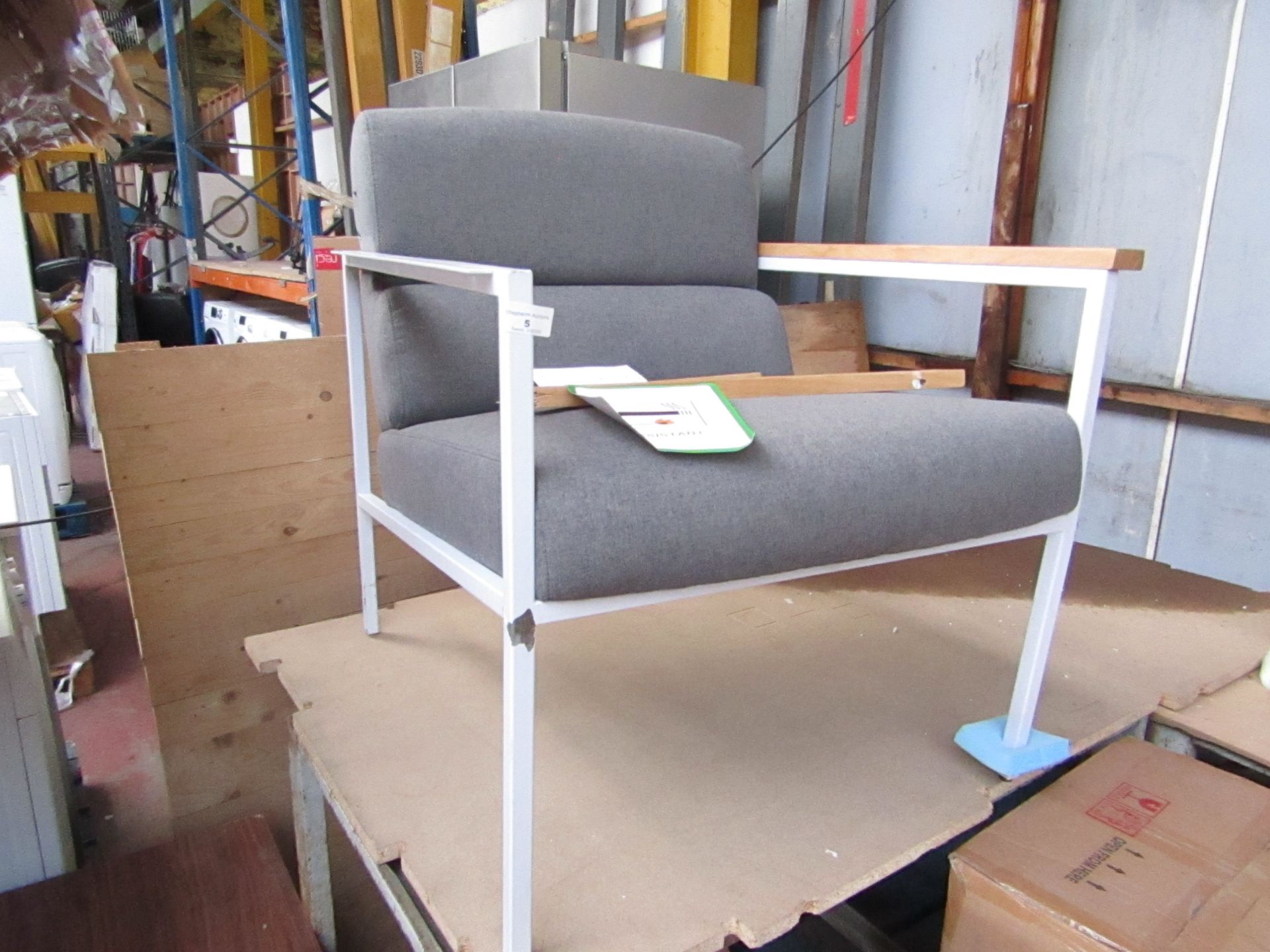 | 1x | SWOON CHAIR GREY FABRIC WITH WHITE METAL FRAME (1 PIECE OF WOOD ON ARM REST REQUIRES REPAIR)