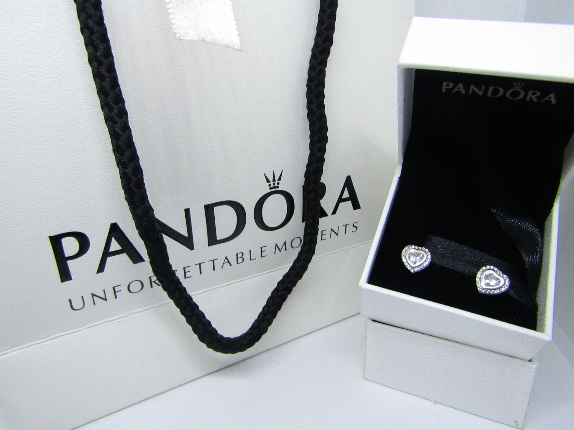 Pandora 925 Silver & Crystal Heart Earrings in Presentation box & Pandora Gift Bag (ideal Mothers