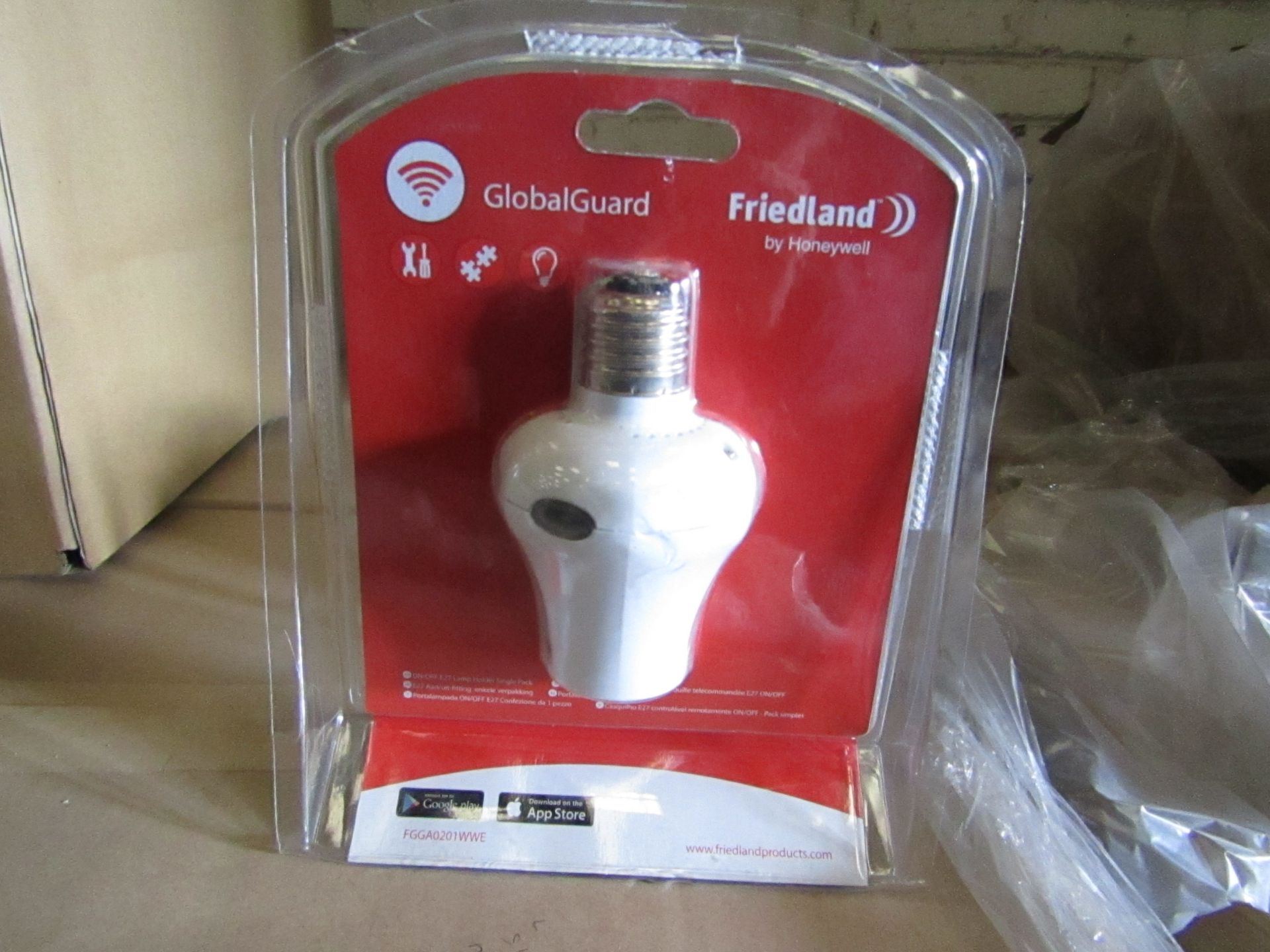 Pallet of 250 Honey well Global Guard app operated E27 screw in light fitting, turns a light into