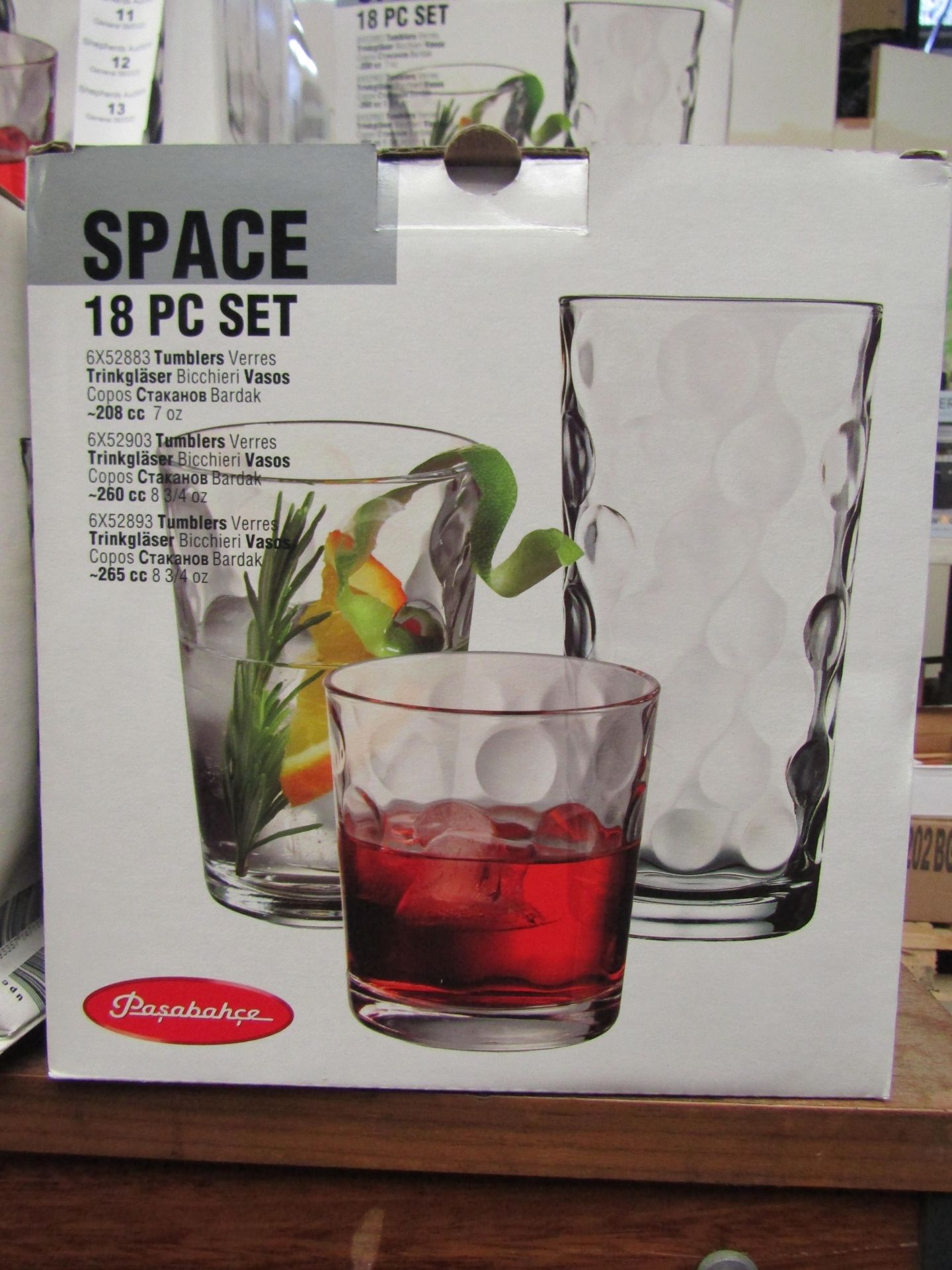 Pasabahce - Space 18 PC Glass Cup Set - Unchecked and Boxed.