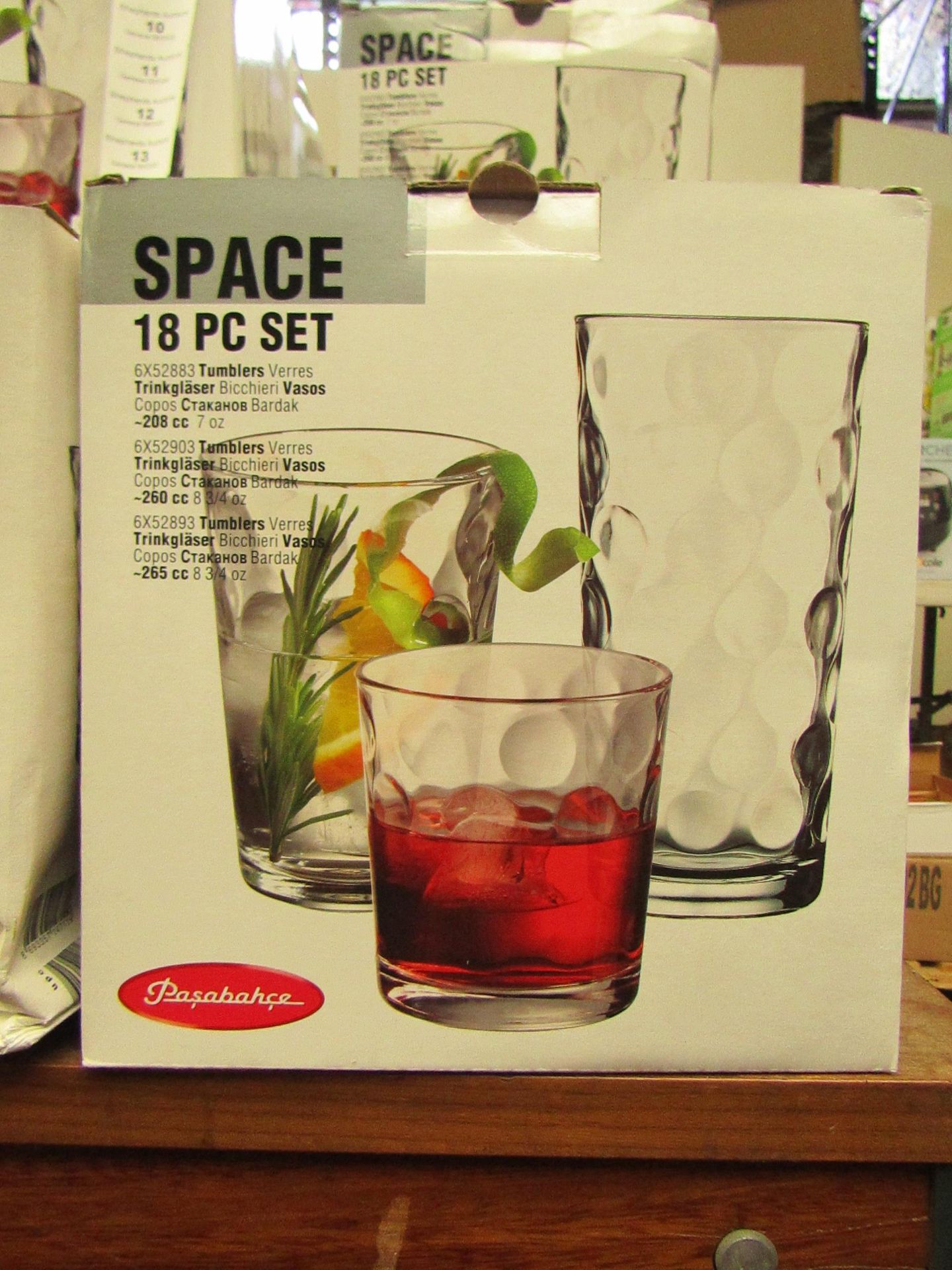 Pasabahce - Space 18 PC Glass Cup Set - Unchecked and Boxed.